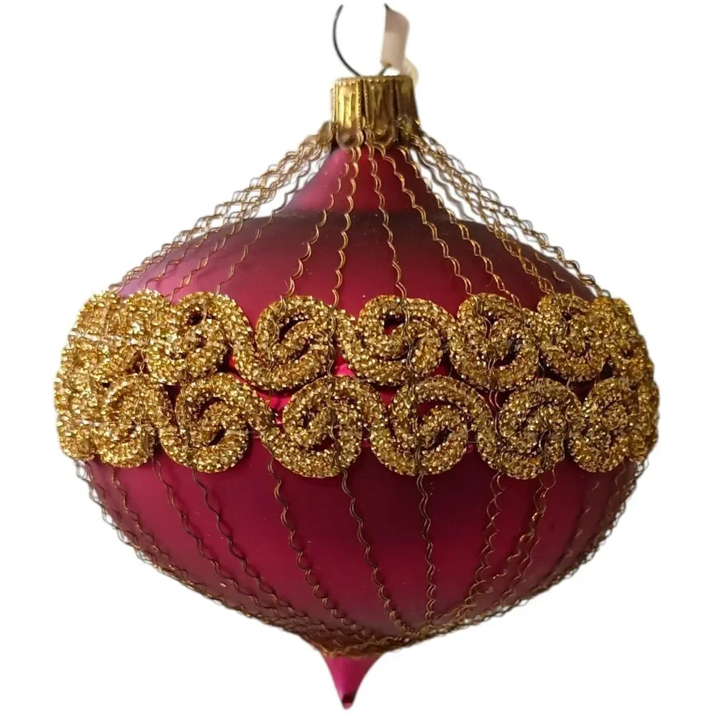 Hand Blown Glass Onion Shaped Ornament Fine Gold Chain Wrapped Victorian Germany